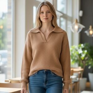 Babaton 100% Merino Wool Cropped Ribbed V-Neck Polo Sweater Brown XS 80045